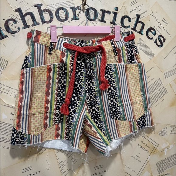 Free People Moxie Printed Barrel Shorts We The Free Slouchy Blue Brown Green